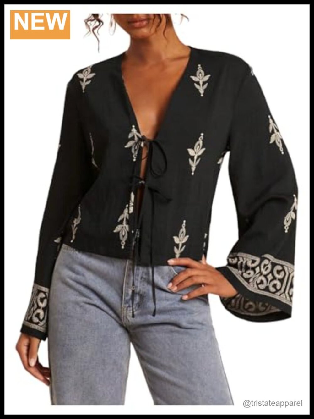 Embroidery Flare Sleeve Blouse Deep V Neck Bow Tie Front Loose Beach Shirt